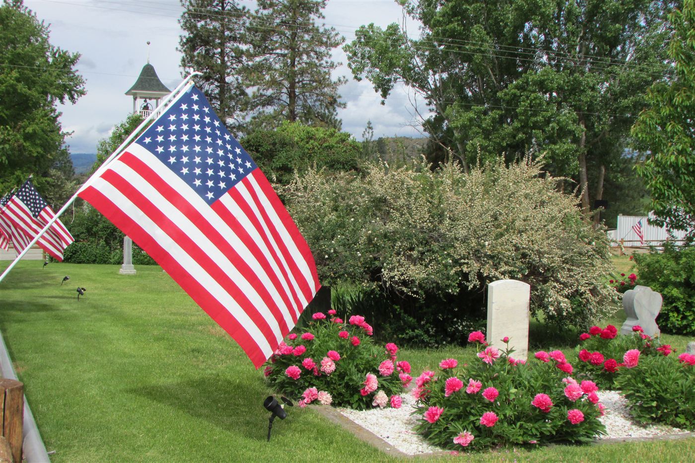 Cedonia Community Church cemetery with American flags and peonies in bloom