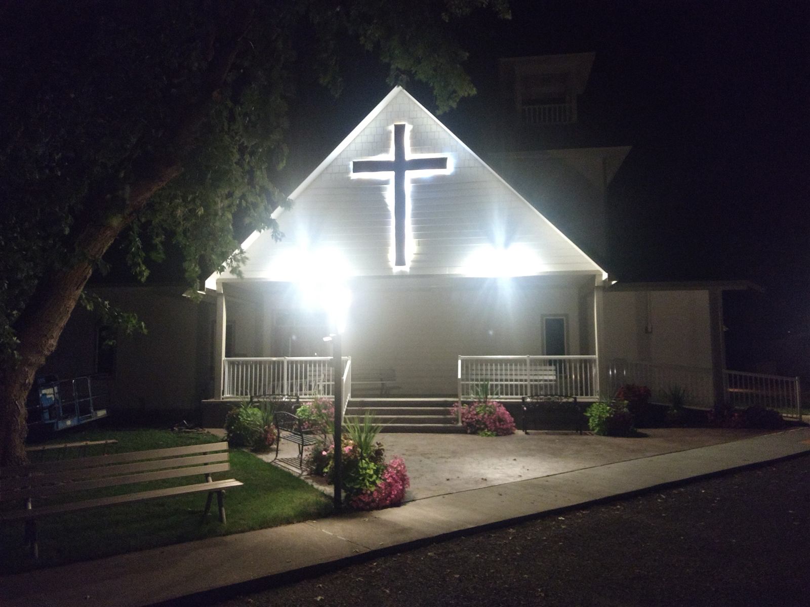 Cedonia Community Church illuminated at night